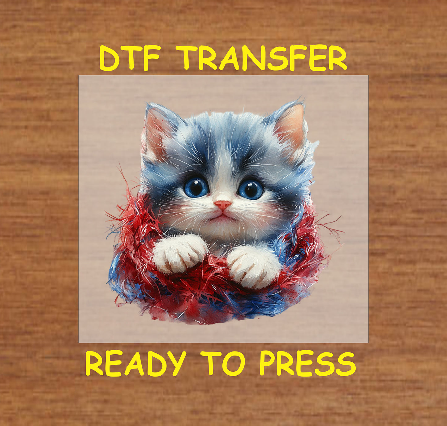 Fluffy kitten wrapped in red, white, and blue tinsel garland DTF transfer for 4th of July.