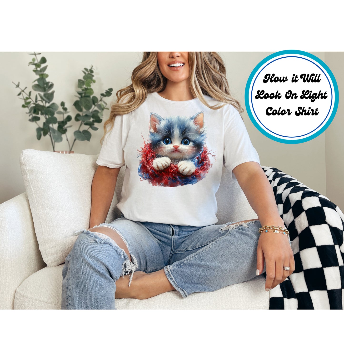 4th of July DTF Transfer Iron On Heat Transfer - Ready to Press, Fluffy Patriotic Kitten DTF Transfer | Ready to Press | 4th of July Design 4952