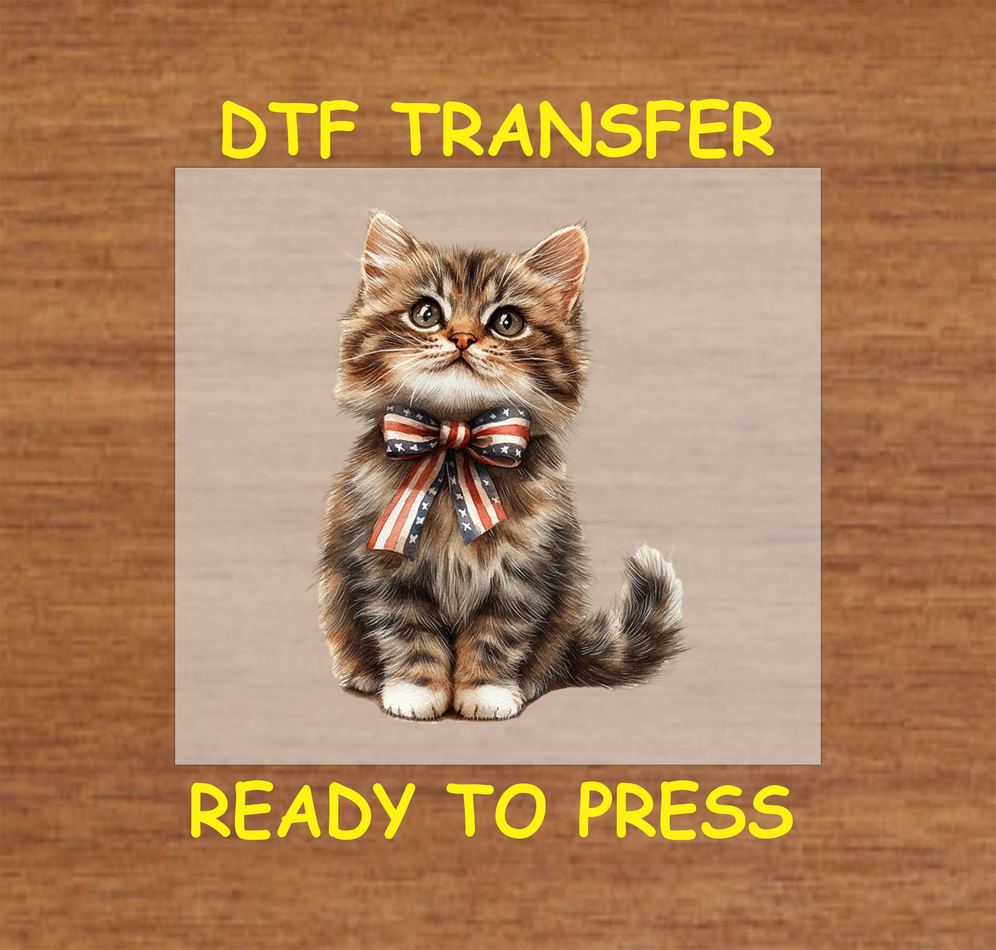 Tabby kitten wearing a patriotic American flag bow DTF transfer for 4th of July.