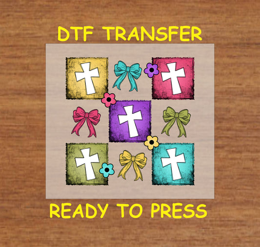 Colorful patchwork cross DTF transfer with bows and floral accents for Easter.