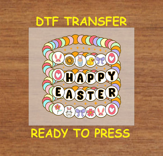 Pastel beaded bracelet stack with Easter charms and "Happy Easter" text DTF transfer.