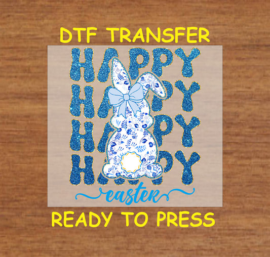 Blue chinoiserie bunny with bow and glitter "Happy Easter" text DTF transfer.