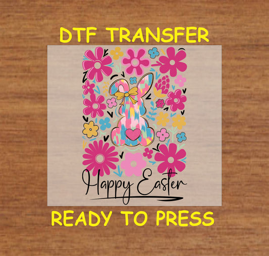 Colorful bunny with bow surrounded by bright flowers and "Happy Easter" text DTF transfer.