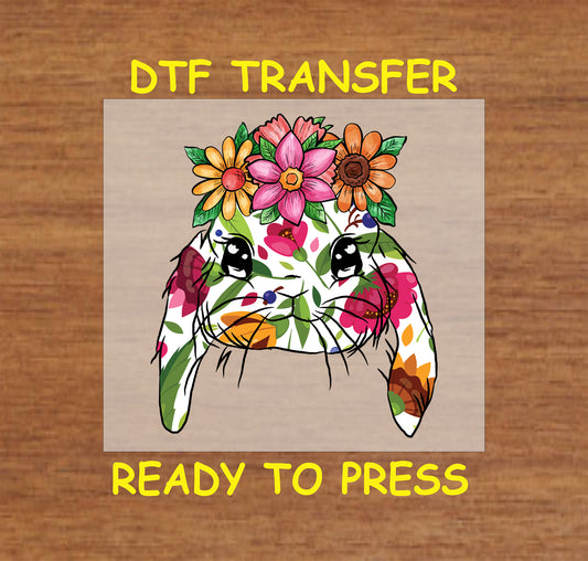 Floral-patterned bunny with a colorful flower crown DTF transfer for Easter.