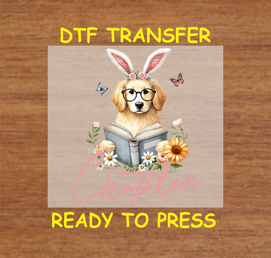 Golden retriever wearing bunny ears and glasses, reading a book with flowers and butterflies DTF transfer.