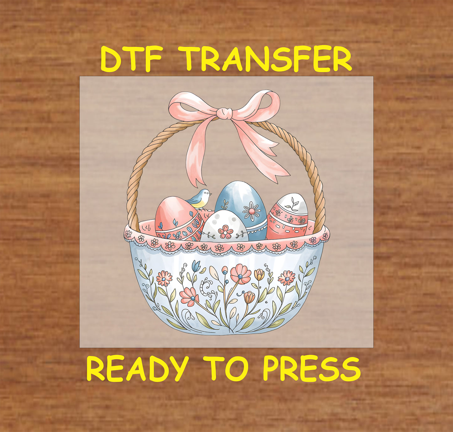 Floral Easter basket DTF transfer with pastel eggs, flowers, and a pink bow.
