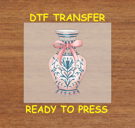 Floral vase DTF transfer with blue and pink details and a bow.