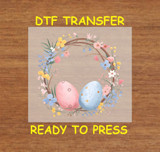 Floral Easter wreath with pastel eggs DTF transfer, soft spring colors.