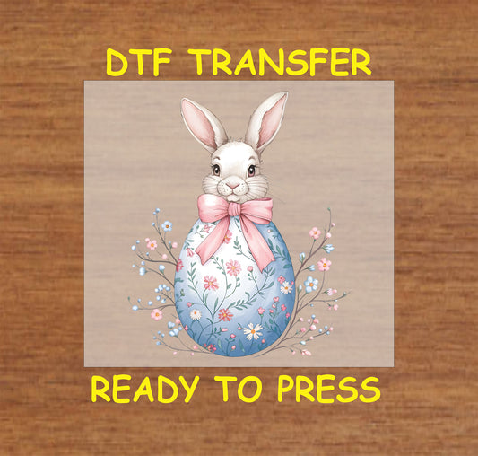 Floral Easter Bunny inside a pastel decorative egg DTF transfer.