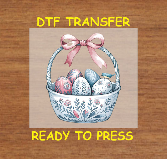Vintage floral Easter basket with decorated eggs and pastel bow DTF transfer.