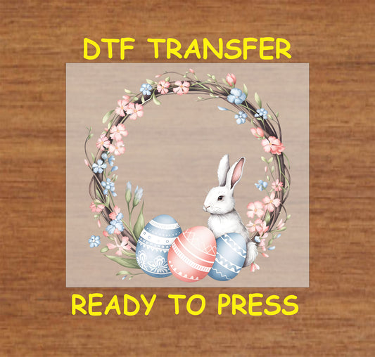 Easter Bunny Wreath with pastel eggs and floral wreath DTF transfer.