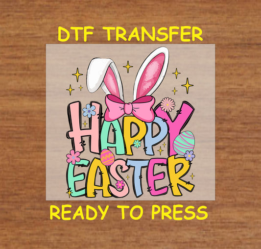 Happy Easter text with bunny ears, pastel colors, and festive decorations.