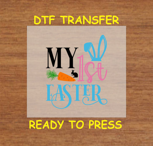 My 1st Easter text with bunny ears, carrot, and small rabbit silhouette.