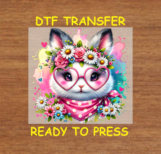White bunny with heart glasses, floral crown, and colorful splashes.