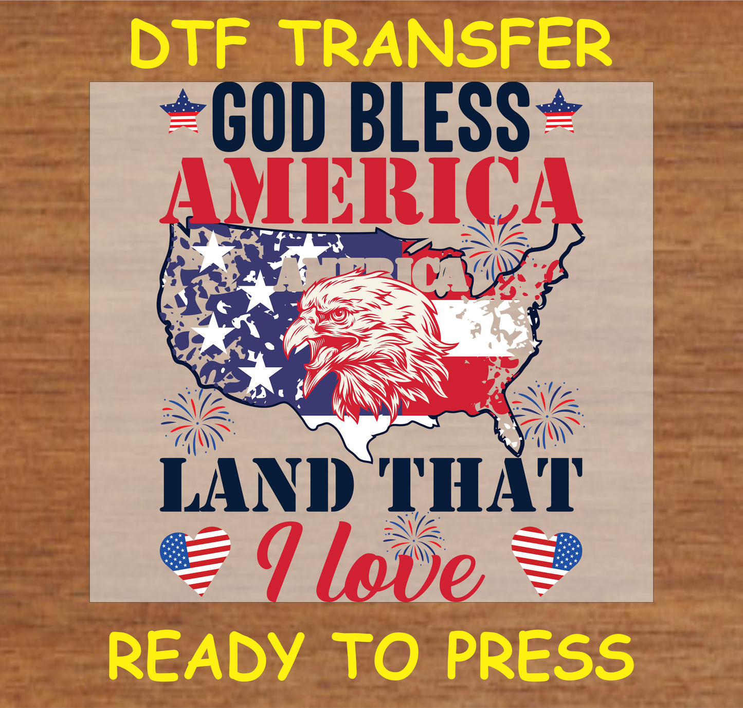 "God Bless America DTF Transfer with USA map, eagle, and patriotic message design"