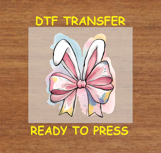 Bunny Ear Bow DTF transfer with a watercolor pastel pink bow and bunny ears.