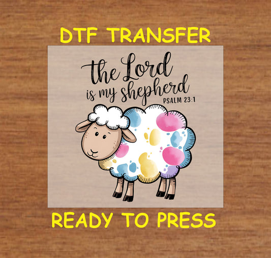Christian DTF transfer with a watercolor sheep and the phrase "The Lord is My Shepherd – Psalm 23:1."