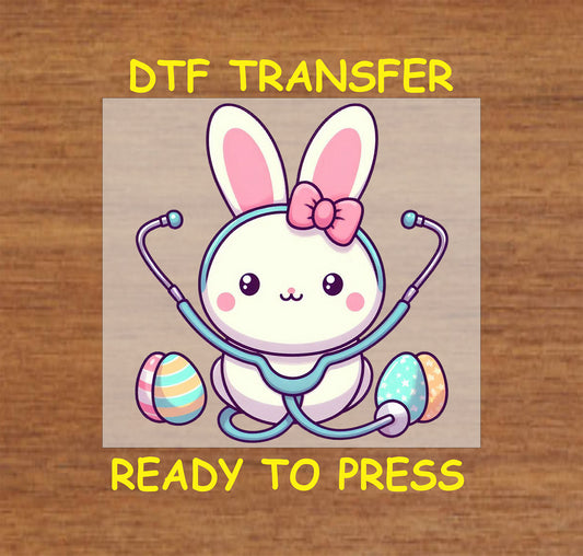 Cute nurse bunny DTF transfer with a stethoscope and Easter eggs.