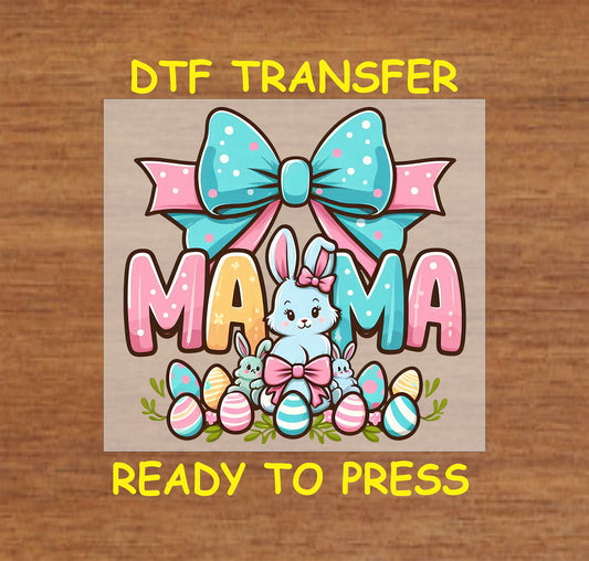 Cute Mama Bunny DTF transfer with pastel bows, Easter eggs, and floral accents.