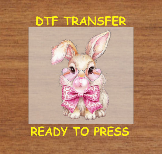 Easter Bunny DTF transfer with pink glasses, leopard-print bow, and bubblegum.