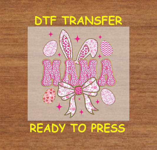 Pink leopard print "MAMA" DTF transfer with bunny ears, eggs, and a bow.