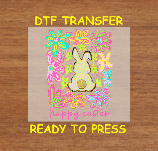 Neon floral bunny DTF transfer with colorful flowers and "Happy Easter" text.