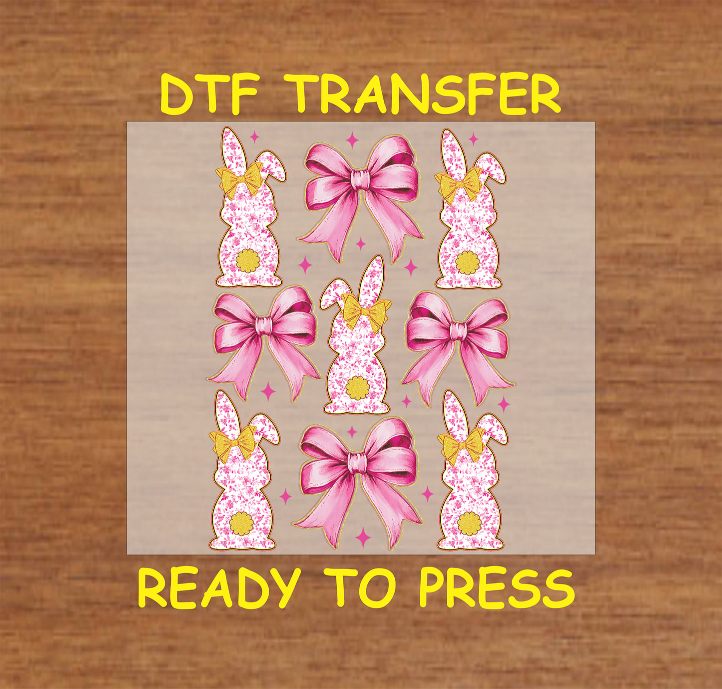 Pink floral bunny and bow DTF transfer for Easter crafts and shirts.