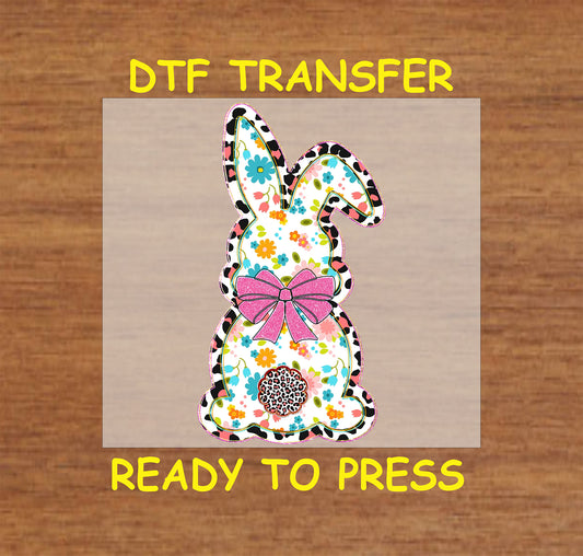 Floral bunny with pink bow and leopard print accents, Easter DTF transfer.