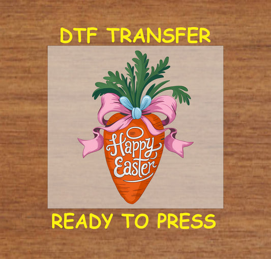 Easter DTF transfer with a decorative carrot, pink bow, and "Happy Easter" lettering.