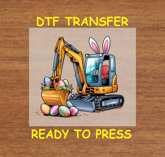 Easter DTF transfer featuring an excavator with bunny ears and a bucket full of colorful eggs.