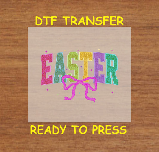 Colorful "EASTER" text with a pink bow accent.