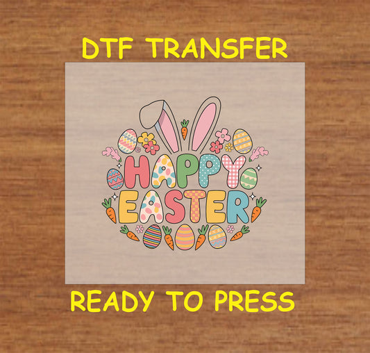 "Happy Easter" text with bunny ears, decorated eggs, and carrots.