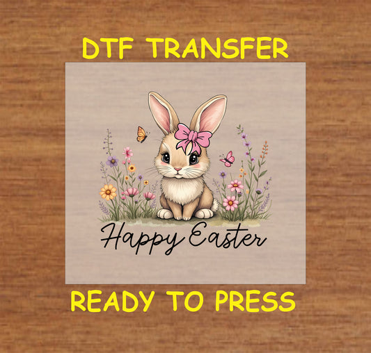 Easter bunny with a pink bow surrounded by flowers and butterflies, "Happy Easter" text.