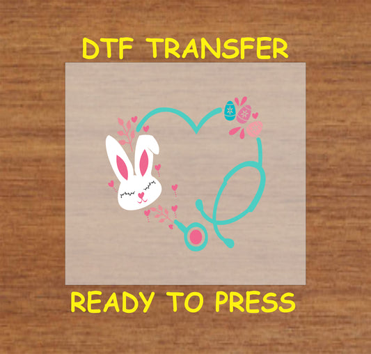 Heart-shaped stethoscope with a bunny face, hearts, and Easter eggs.