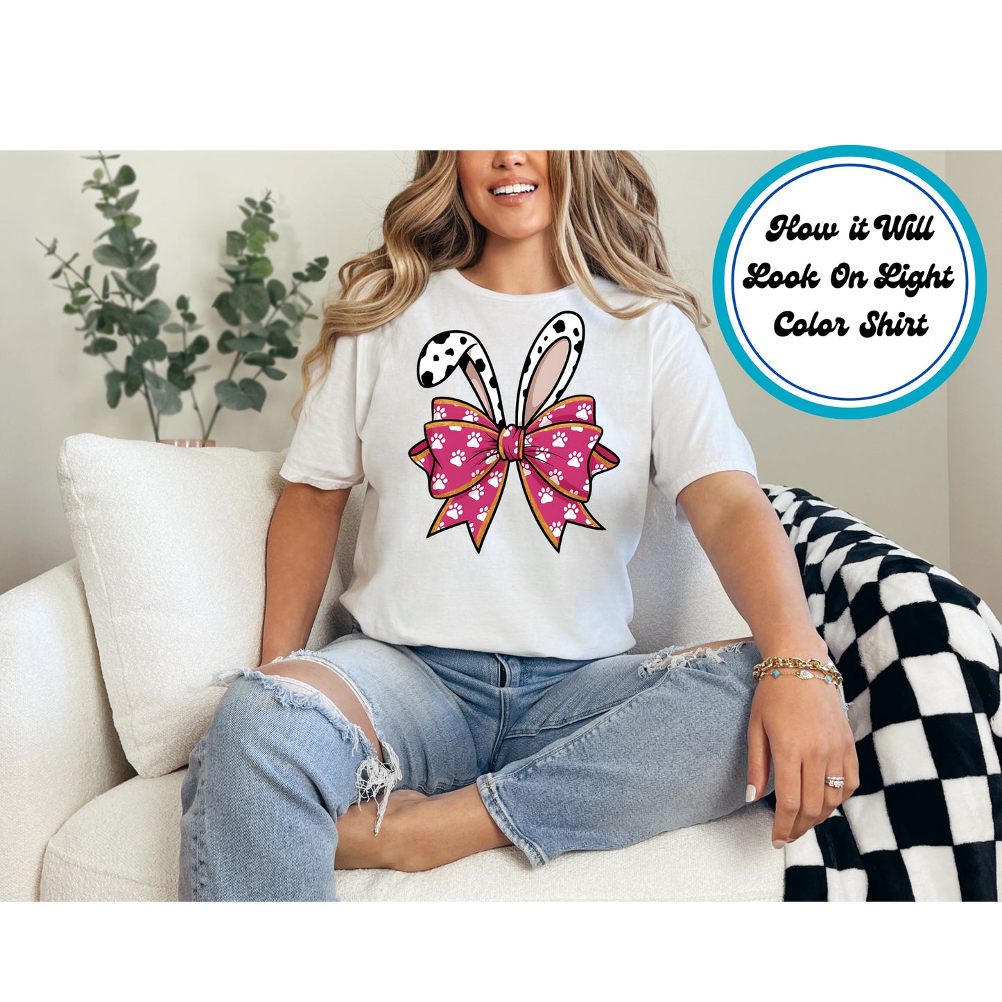 Easter DTF Transfer Iron On Heat Transfer - Ready to Press, Dalmatian Bunny Ears & Bow DTF Transfer | Ready to Press | Easter Design 5061