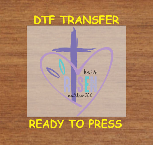 Cross and heart design with "He Is Risen" and Matthew 28:6 verse.