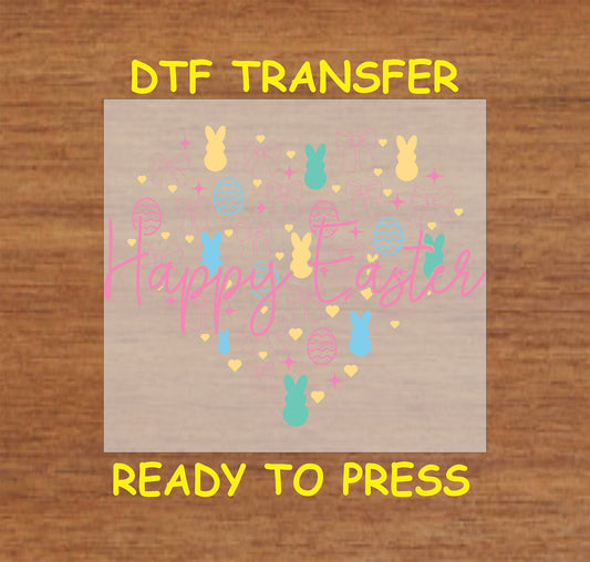 Heart-shaped Easter design with pastel bunnies, eggs, bows, and "Happy Easter" text.