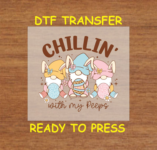 Easter gnome design with "Chillin' With My Peeps" text and pastel eggs.