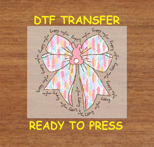 Pastel bow with bunny center and "Happy Easter" script around the design.