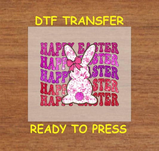 Floral pink bunny with bow and "Happy Easter" text background.