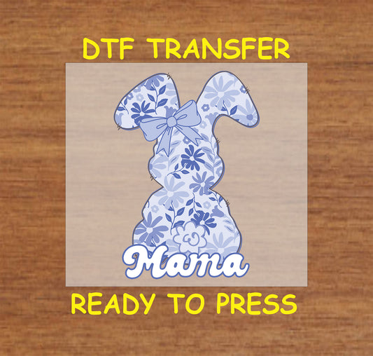 Blue floral Easter bunny DTF transfer with "Mama" text and a bow.