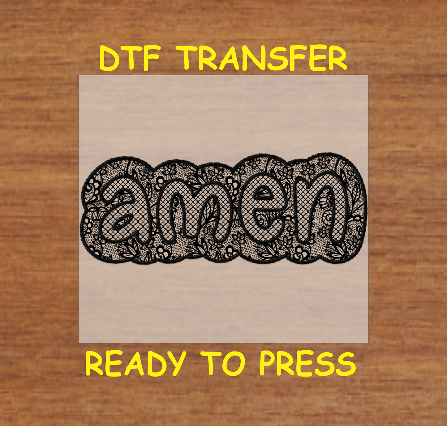 Black lace-style Amen DTF transfer with intricate floral details.