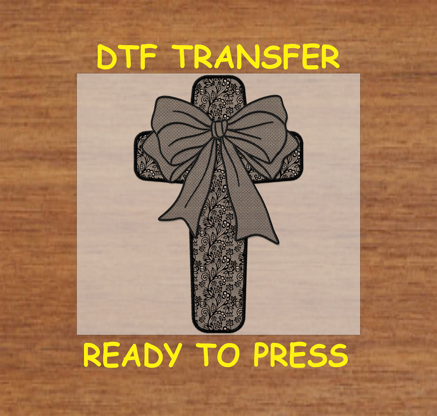 Black lace-style cross with floral details and a bow, DTF transfer.
