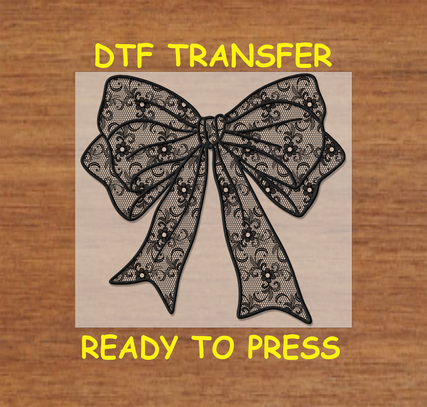 Black lace-style bow with floral details, DTF transfer.