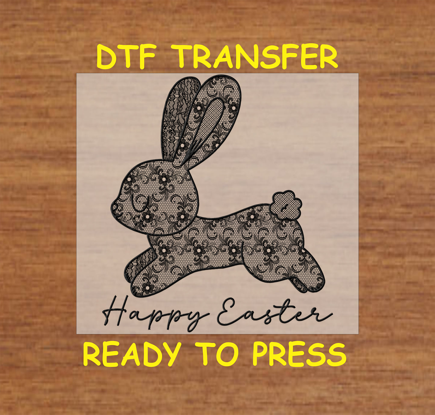 Black lace Easter bunny with floral details and "Happy Easter" text, DTF transfer.