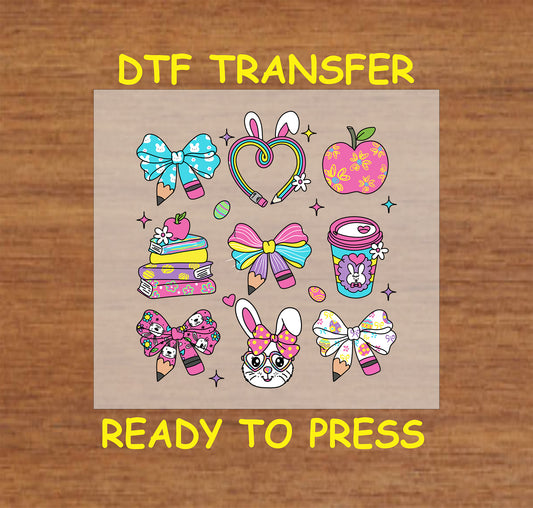 Colorful Easter teacher DTF transfer with school-themed elements like books, bows, and a bunny.