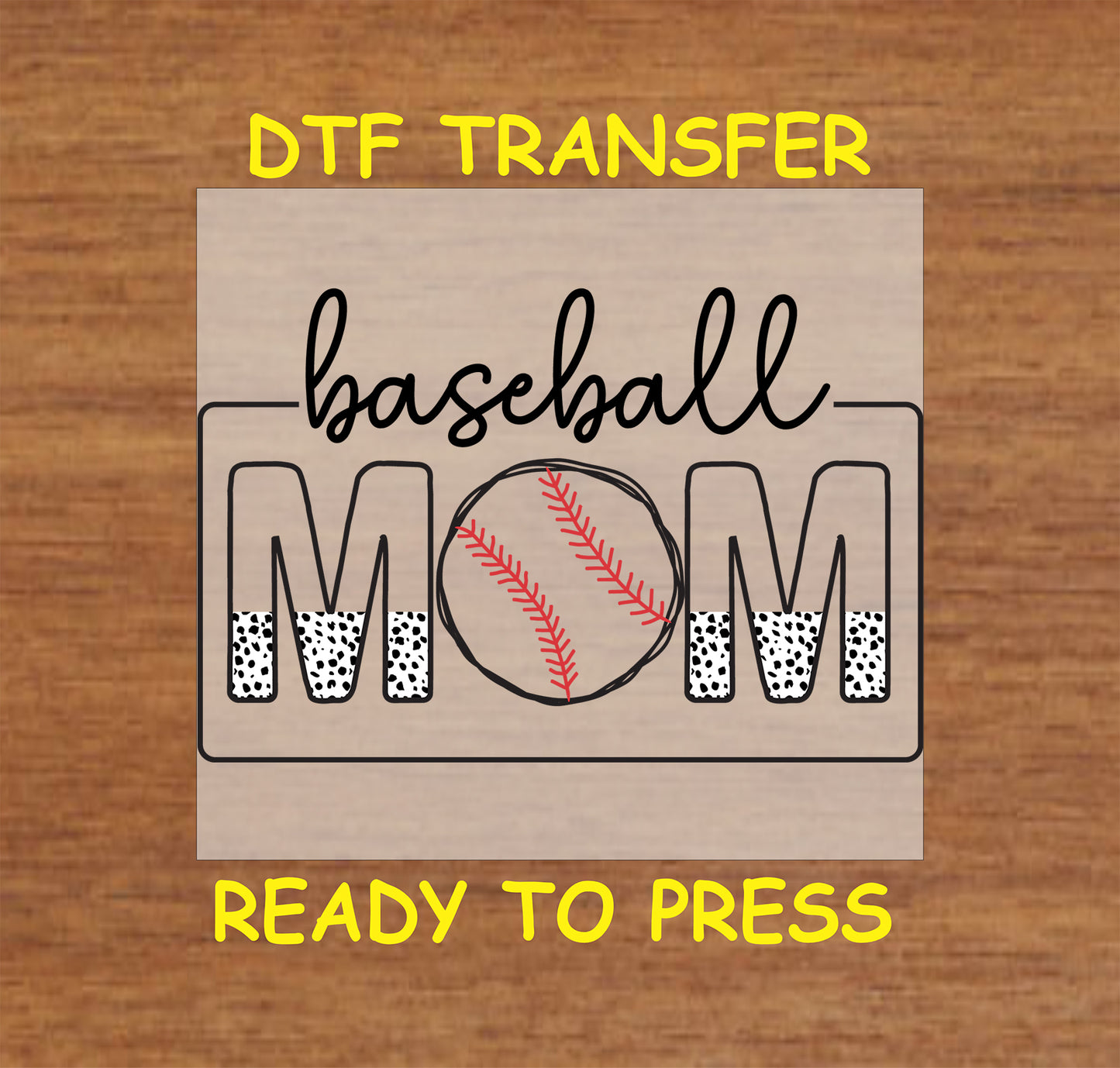Baseball Mom DTF transfer featuring a baseball-themed design with leopard print accents.