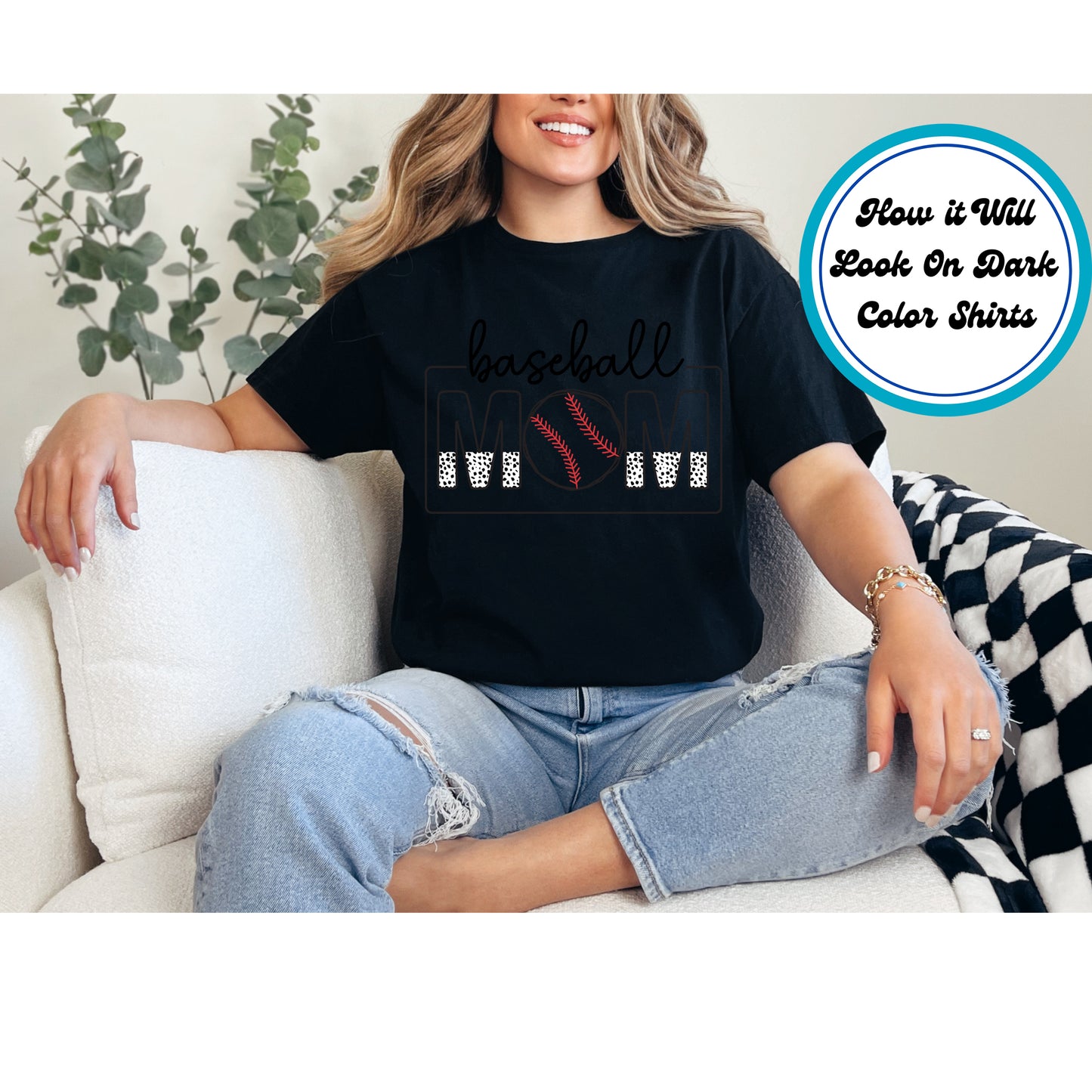 Baseball Mom DTF transfer featuring a baseball-themed design with leopard print accents.