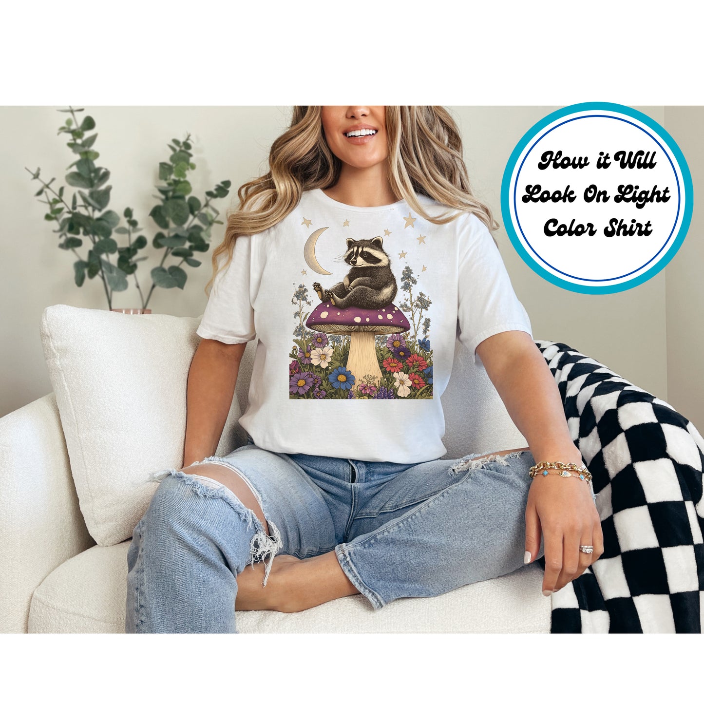 Boho Hippie DTF Transfer Iron On Heat Transfer - Ready to Press, Boho Raccoon DTF Transfer 5406