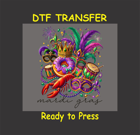 Colorful Mardi Gras design with masks, beads, a crown, lobster, drums, and king cake.